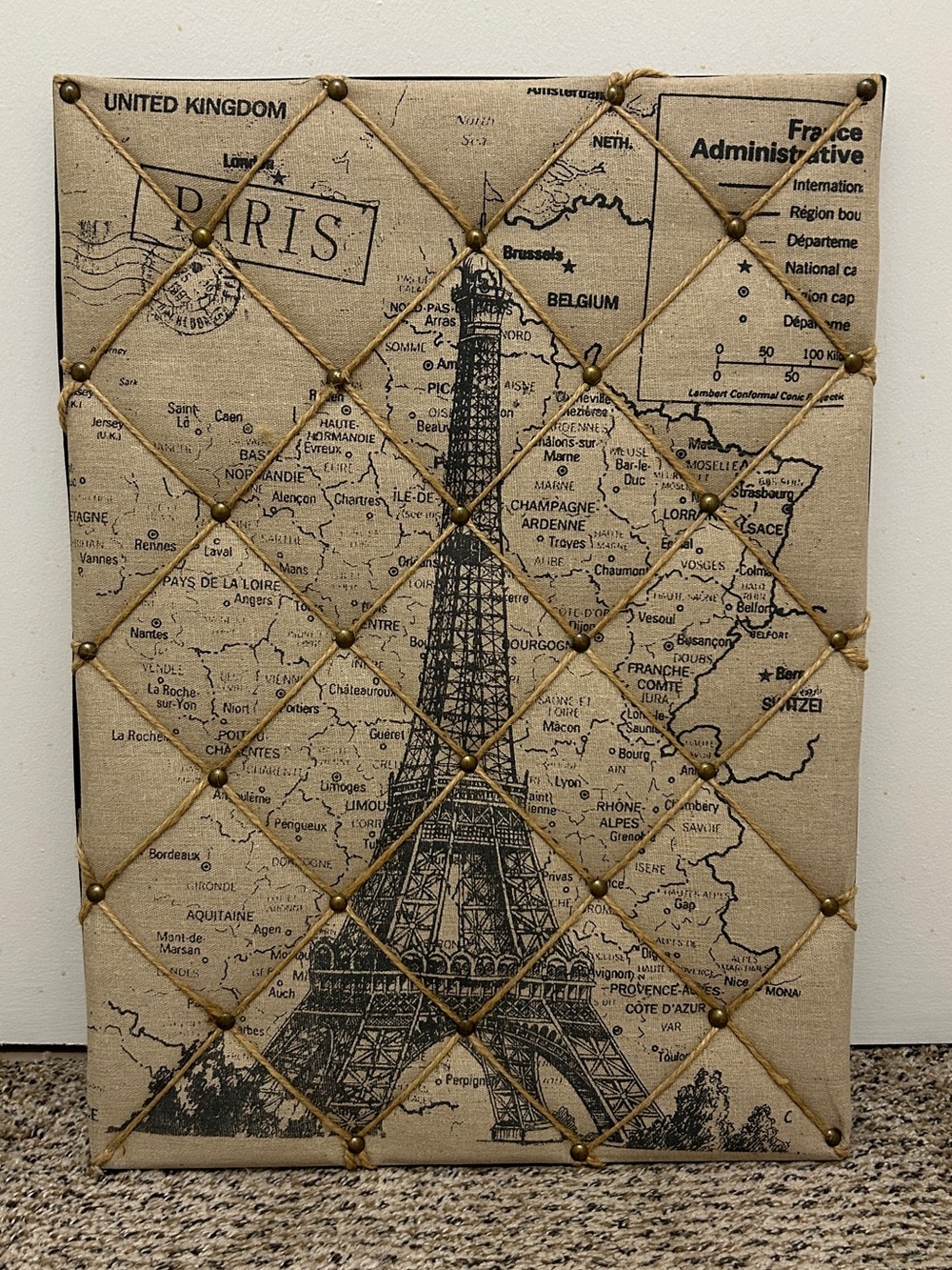 Paris Eiffel Tower Burlap & Twine Studded Hanging Bulletin Board Memo Board